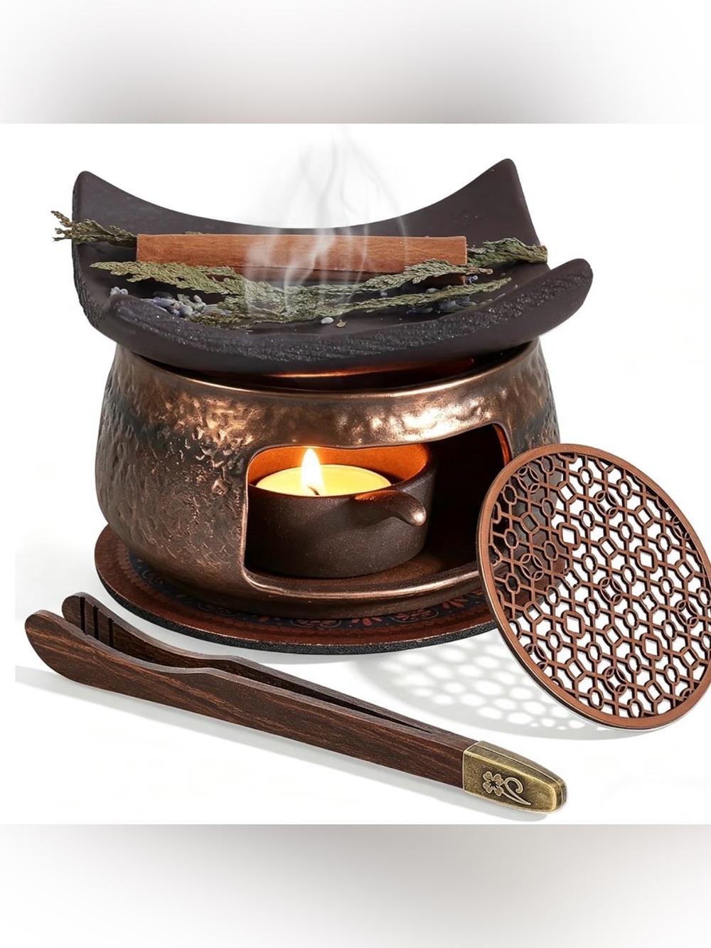 Ceramic Bronze Aromatherapy 6 Piece Incense Burner Set Herbs Oils Wax Melts New
